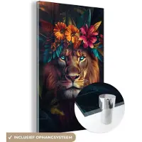 MuchoWow Glasschilderij 100x150 cm - Schilderij acrylglas - Leeuw - Bloemen - Bladeren - Dieren - Kleurrijk - Foto op glas - Muurdecoratie woonkamer - Wanddecoratie slaapkamer - Schilderijen