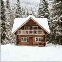 PosterMonkey Poster 50x50 cm - Huis - Bos - Winter - Natuur - Sneeuw - Posters - Kamer decoratie - Wanddecoratie woonkamer - Muurdecoratie slaapkamer