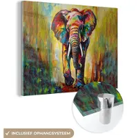 MuchoWow Glasschilderij 120x90 cm - Schilderij acrylglas - Olifant - Kunst - Schilderij - Dieren - Regenboog - Foto op glas - Muurdecoratie woonkamer - Wanddecoratie slaapkamer - Schilderijen