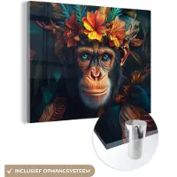MuchoWow Glasschilderij 40x30 cm - Schilderij acrylglas - Chimpansee - Aap - Jungle - Bloemen - Dier - Foto op glas - Muurdecoratie woonkamer - Wanddecoratie slaapkamer - Schilderijen