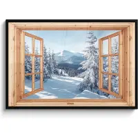 PosterMonkey Poster in lijst - Fotolijst 120x80 cm - Posters - Doorkijk - Winterlandschap - Natuur - Berg - Bomen - Hout - Posterlijst zwart - Decoratie - Wanddecoratie woonkamer - Muurdecoratie slaapkamer