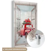 MuchoWow Glasschilderij 20x30 cm - Schilderij acrylglas - Auto - Rood - Cadeaus - Winter - Kerst - Doorkijk - Wit - Foto op glas - Muurdecoratie woonkamer - Wanddecoratie slaapkamer - Schilderijen