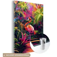 MuchoWow Glasschilderij 30x40 cm - Schilderij acrylglas - Flamingo - Tropisch - Dier - Bladeren - Foto op glas - Muurdecoratie woonkamer - Wanddecoratie slaapkamer - Schilderijen