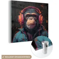 MuchoWow Glasschilderij 90x90 cm - Schilderij acrylglas - Graffiti - Chimpansee - Koptelefoon - Aap - Foto op glas - Muurdecoratie woonkamer - Wanddecoratie slaapkamer - Schilderijen
