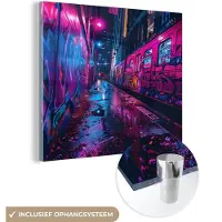 MuchoWow Glasschilderij 20x20 cm - Schilderij acrylglas - Stad - Neon - Nacht - Roze - Graffiti - Foto op glas - Muurdecoratie woonkamer - Wanddecoratie slaapkamer - Schilderijen