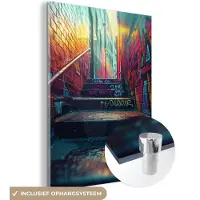 MuchoWow Glasschilderij 30x40 cm - Schilderij acrylglas - Architectuur - Neon - Trap - Graffiti - Foto op glas - Muurdecoratie woonkamer - Wanddecoratie slaapkamer - Schilderijen