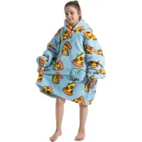 Badrock Pizza fleece hoodie deken met mouwen kind – fleece poncho kind – plaid met mouwen - Draagbare deken - maat 128/152 – lengte 75 cm - chillen – Warm & zacht – relax outfit kids – lichtblauw -