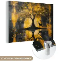 MuchoWow Glasschilderij 30x20 cm - Schilderij acrylglas - Boom - Verflook - Hert - Natuur - Goud - Foto op glas - Muurdecoratie woonkamer - Wanddecoratie slaapkamer - Schilderijen