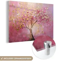 MuchoWow Glasschilderij 90x60 cm - Schilderij acrylglas - Boom - Roze - Goud - Modern - Foto op glas - Muurdecoratie woonkamer - Wanddecoratie slaapkamer - Schilderijen