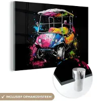 MuchoWow Glasschilderij 120x80 cm - Schilderij acrylglas - Graffiti - Sport - Golf - Golfkar - Foto op glas - Muurdecoratie woonkamer - Wanddecoratie slaapkamer - Schilderijen
