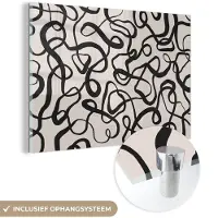 MuchoWow Glasschilderij 150x100 cm - Schilderij acrylglas - Lijnen - Kunst - Zwart - Beige - Foto op glas - Muurdecoratie woonkamer - Wanddecoratie slaapkamer - Schilderijen