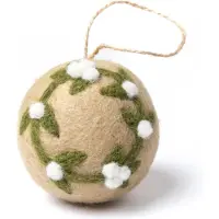 Sjaal met Verhaal Kerstbal Vilt - Mistletoe Large Rond - Beige & Groen & Wit - 8cm - Fairtrade