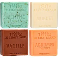 Le Chatelard 1802 Set Marseille zeep 4 x 100 gram zonder palmolie in geuren menthol-lelietjes van dalen-vanille-citrus groene thee