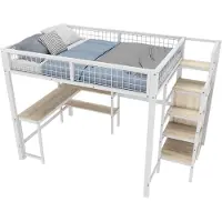 Merax Hoogslaper 140x200 cm met Bureau - Bed met Kast en Planken - Wit Metaal en MDF - Zonder Matras