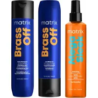 Matrix Brass Off Anti-Brass Blue Shampoo and Conditioner For Lightened Brunettes and Anti-Frizz Mega Sleek Iron Smoother Bundle