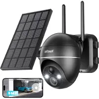 IeGeek 5MP WLAN bewakingscamera op zonne-energie voor buiten, accu, PTZ 360° draadloze IP-camerabewaking outdoor met kleurennachtzicht, PIR-bewegingsmelder, sirene/witlichtalarm, 2-weg audio