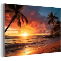 MuchoWow Wanddecoratie Metaal - Aluminium Schilderij Industrieel - Zonsondergang - Palmbomen - Strand - Zee - 120x80 cm - Dibond - Foto op aluminium - Industriële muurdecoratie - Voor de woonkamer/slaapkamer