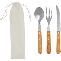 Inspirion Bestekset - RVS - 3-delig - houten handvat - in katoenen hoes