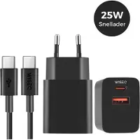 WISEQ Snellader 25W - USB A en USB C oplaadstekker - inclusief USB C oplaadkabel 2 meter - geschikt voor Samsung, iPhone, Huawei, Oppo, iPhone - zwart -
