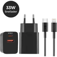 WISEQ 33W Ultra Snellader - Dubbele Snellader USB A & USB C poorten - geschikt voor iPhone 17 / 16 / 15 & MacBooks - geschikt voor Samsung Galaxy - inclusief 1.2 m USB-C naar Lightning kabel - zwart -