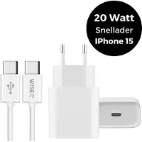 WISEQ 20W USB C oplader - Fast charger USB C geschikt voor Apple iPhone 17 / 16 / 15 - inclusief USB C naar USB C kabel 2 meter - wit -
