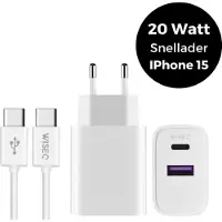 WISEQ 20W snellader - Dual adapter - USB A en USB C poorten - geschikt voor iPhone 17 / 16 / 15 - inclusief USB C oplaadkabel 1 meter - wit -