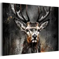 MuchoWow Aluminium schilderij 180x120 cm - Wanddecoratie metaal - Hert - Zwart - Dier - Hertenkop - Metalen muurdecoratie woonkamer - Decoratie industrieel - Foto op dibond - Industriële accessoires slaapkamer