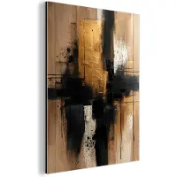 MuchoWow Aluminium schilderij 90x120 cm - Wanddecoratie metaal - Modern - Zwart - Goud - Verf - Metalen muurdecoratie woonkamer - Decoratie industrieel - Foto op dibond - Industriële accessoires slaapkamer