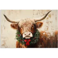 PosterMonkey Poster 60x40 cm - Kerst - Schotse Hooglander - Bruin - Krans - Posters - Kamer decoratie - Wanddecoratie woonkamer - Muurdecoratie slaapkamer - Kerstversiering - Kerstdecoratie voor binnen - Kerstmis