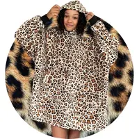 Badrock Fleece kinder poncho - plaid met mouwen en capuchon voor kinderen - oversized hoodie kind - fleece deken met mouwen – hoodie blanket - TV deken – zacht & warm - leopard - 134 t/m 164 -