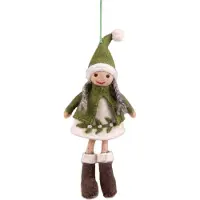Sjaal met Verhaal Hanger Vilt Figuurtje Kerst - Meisje met Vlechten Mistletoe - Kerstkleding en Kerstmuts - Groen/Wit - 21cm - Handgemaakt & Fairtrade