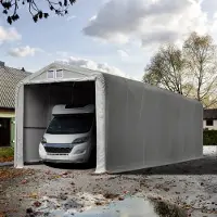 TOOLPORT Garagetent 4x24 m met ritssluitingen - 3,5x3,5m ingang - 3,35m zijwandhoogte, PVC 850, grijs, met statica - bodem aarde