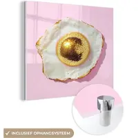 MuchoWow Glasschilderij 50x50 cm - Schilderij acrylglas - Ei - Disco - Ontbijt - Glitter - Foto op glas - Muurdecoratie woonkamer - Wanddecoratie slaapkamer - Schilderijen
