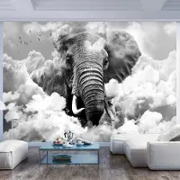 Karo-art Fotobehang - Olifant in de wolken, ( zwart-wit )