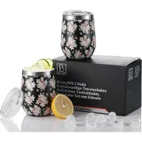Brisby RVS 2 Stuks Dubbelwandige Design Thermosbeker, Partybeker Set met Deksels – Black Flower