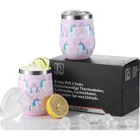 Brisby RVS 2 Stuks Dubbelwandige Design Thermosbeker, Partybeker Set met Deksels – Unicorn