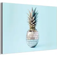 MuchoWow Aluminium schilderij 30x20 cm - Wanddecoratie metaal - Blauw - Ananas - Disco - Discobal - Metalen muurdecoratie woonkamer - Decoratie industrieel - Foto op dibond - Industriële accessoires slaapkamer