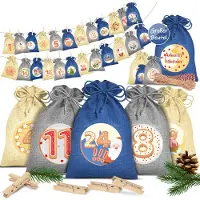 Kesser Adventskalender om zelf te vullen 24 Jute Zakjes Bedrukte Stoffen Kerst Zakjes Incl. 24x Labels + 1 Grote Stoffen Opbergzak Advent Kalender - Blauw / Gekleurd - 14cm x 10cm