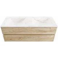 Mondiaz vica-dlux 130 cm badmeubel onderkast washed oak 2 lades. Inbouw wastafel cloud dubbel zonder kraangat, kleur ostra.