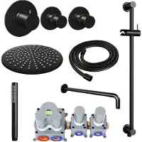 Brauer Black Edition thermostatische inbouw regendouche SET 16 met 30 cm douchekop en gebogen muurarm en staaf handdouche en doucheslang en geïntegreerde glijstang mat zwart