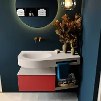 Mondiaz RIVA 100cm badmeubel onderkast / planchet kleur Fire met 1 lade. Wastafel DULCET links 0 kraangaten kleur Linen.