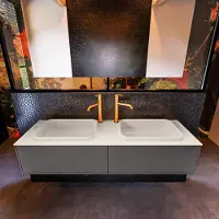 Mondiaz Badkamermeubelset Erin 150 cm met 2 Lades met RIDGE Wastafel Dubbel Linen met 2 kraangaten Greeploos Mat Dark Grey
