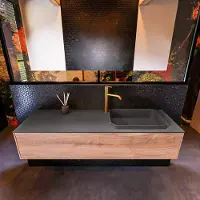 Mondiaz Badkamermeubelset erin 150 cm met 1 lade met ridge wastafel rechts dark grey met 1 kraangat greeploos mat washed oak