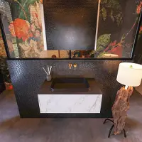Mondiaz Erin 80cm badmeubel Carrara met 1 lade en zwarte wastafel midden zonder kraangaten