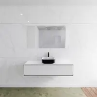 Mondiaz Badkamermeubelset LAGOM 130 cm Topblad met Gecentreerde Wastafel Solid Surface Opzetkom Binx Zonder Kraangaten Mat Zwart (1 lade)
