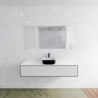 Mondiaz Badkamermeubelset LAGOM 150 cm Topblad met Gecentreerde Wastafel Solid Surface Opzetkom Binx met 1 Kraangat Mat Zwart (1 lade)