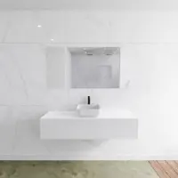 Mondiaz Badkamermeubelset LAGOM 140 cm met Topblad Gecentreerde Wastafel Solid Surface Opzetkom Binx Met 1 Kraangat Mat Wit (1 lade)