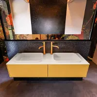Mondiaz Badkamermeubelset erin 150 cm met 2 lades met ridge wastafel dubbel linen met 2 kraangaten greeploos mat ocher