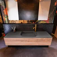 Mondiaz Badkamermeubelset erin 150 cm met 1 lade met ridge wastafel midden dark grey met 1 kraangat greeploos mat washed oak
