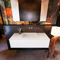 Mondiaz Badkamermeubelset Erin 120 cm met 1 Lade met RIDGE Wastafel Midden Linen Zonder Kraangaten Greeploos Mat Talc